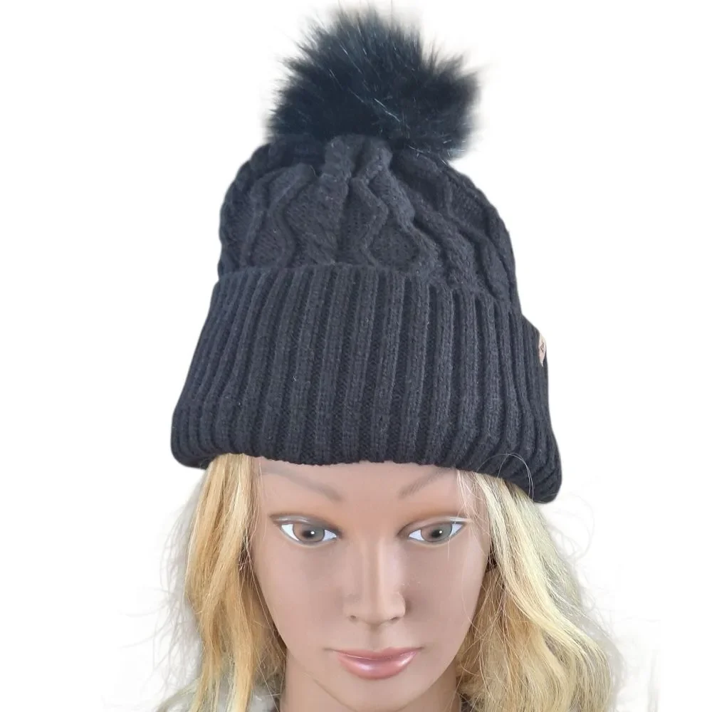 Women's Beanie Hat Black Cable Knit with Fuzzy Pom Pom Top Plushy Lining OS